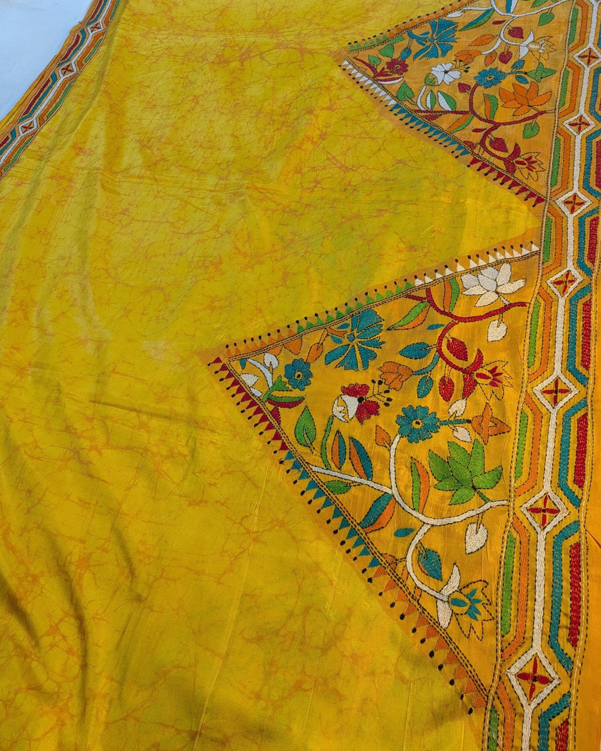 Batik Kantha Stitch Sari with Blouse Piece Yellow