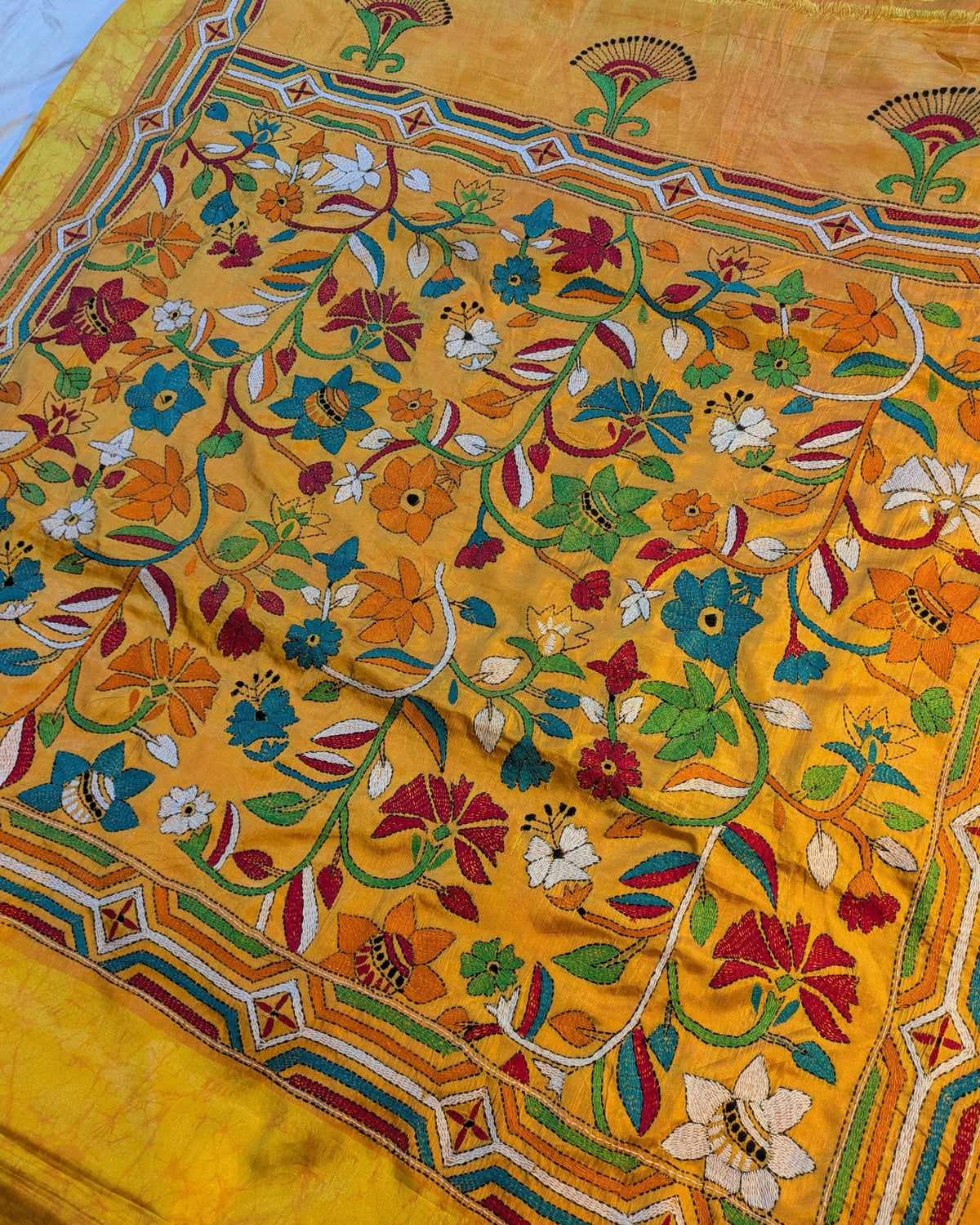 Batik Kantha Stitch Sari with Blouse Piece Yellow