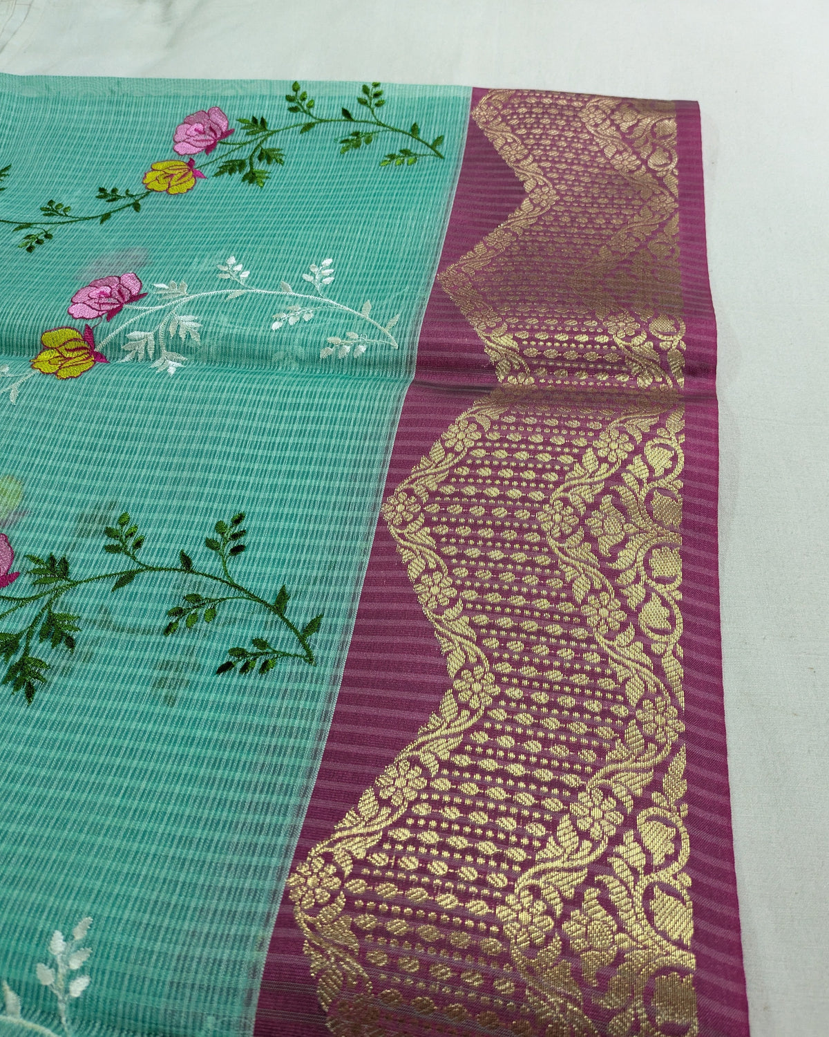 Kota Banarasi Embroidered Sari Sea Green