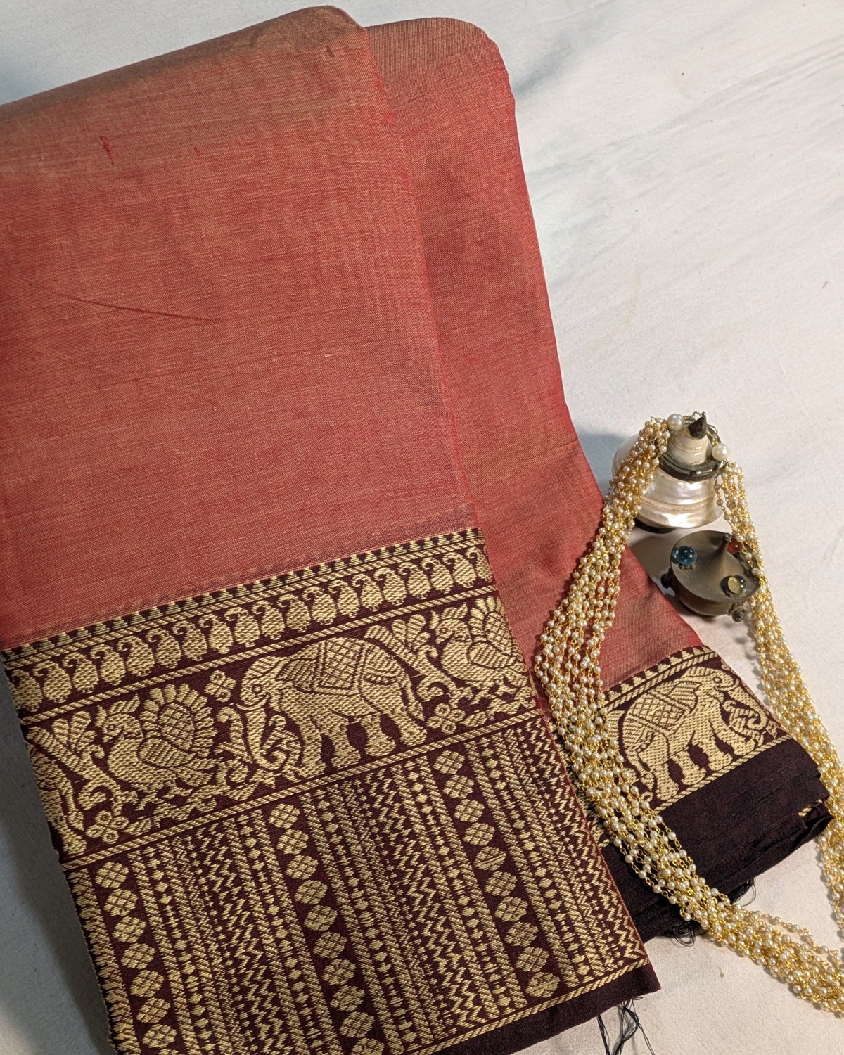 Cotton Sari with Muga Border Peach