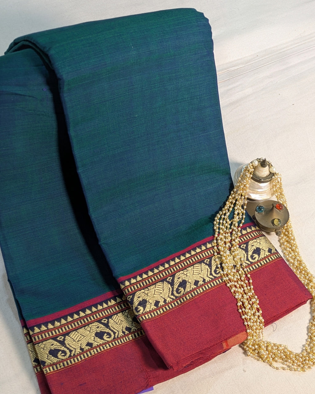Cotton Sari with Muga Border Peacock Blue