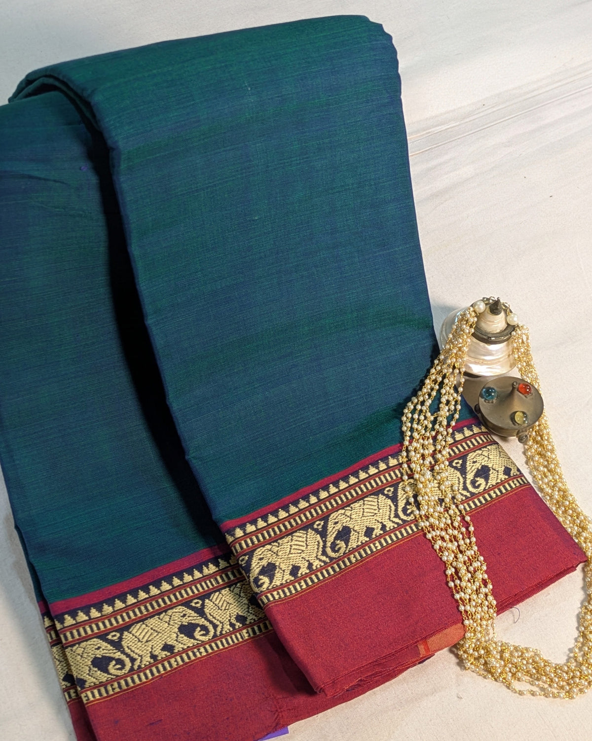 Cotton Sari with Muga Border Peacock Blue