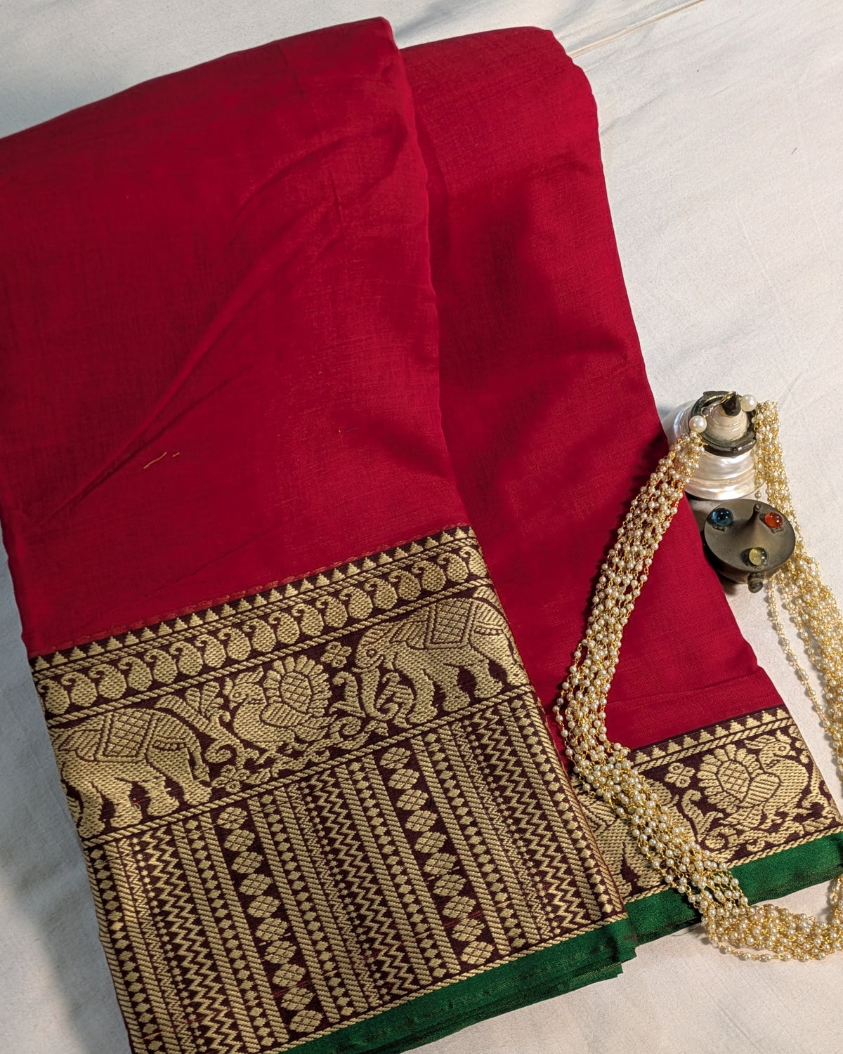 Cotton Sari with Muga Border Red