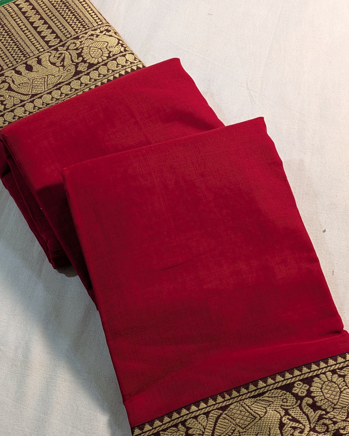 Cotton Sari with Muga Border Red