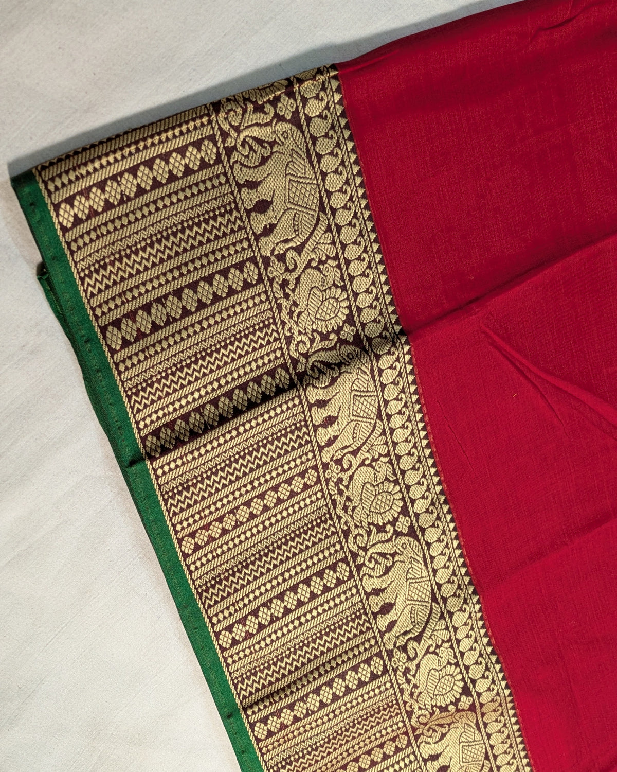 Cotton Sari with Muga Border Red