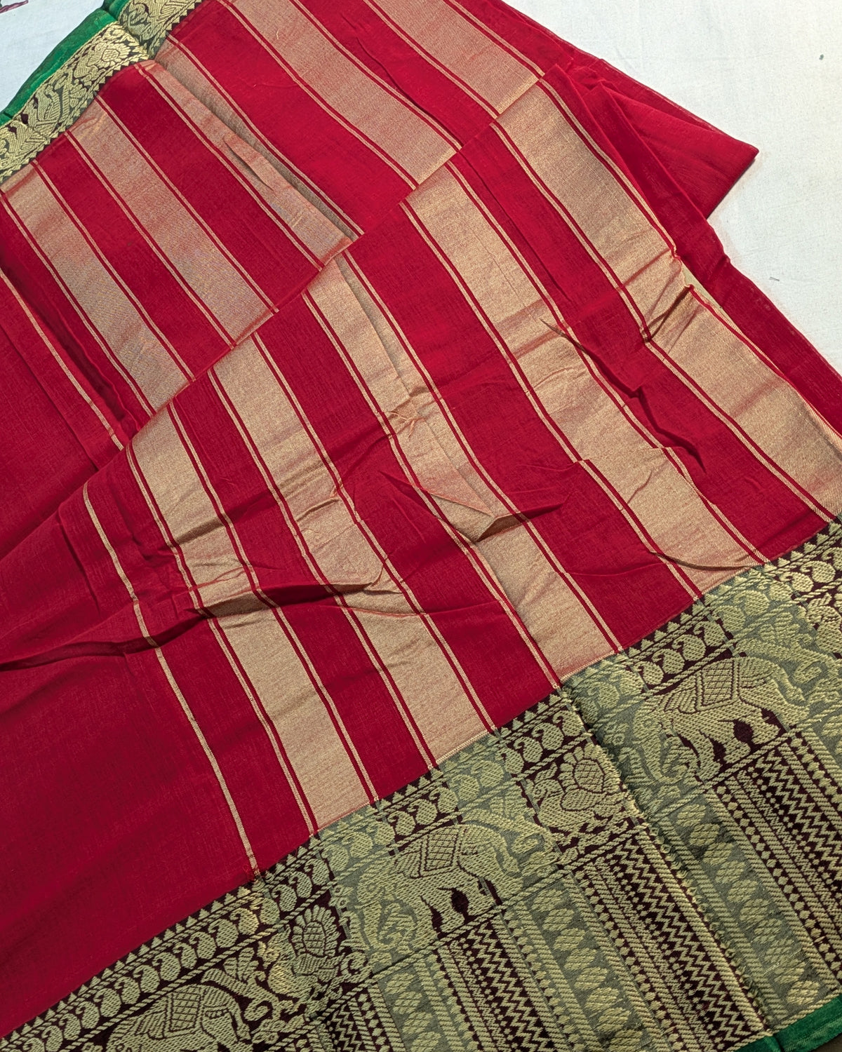 Cotton Sari with Muga Border Red
