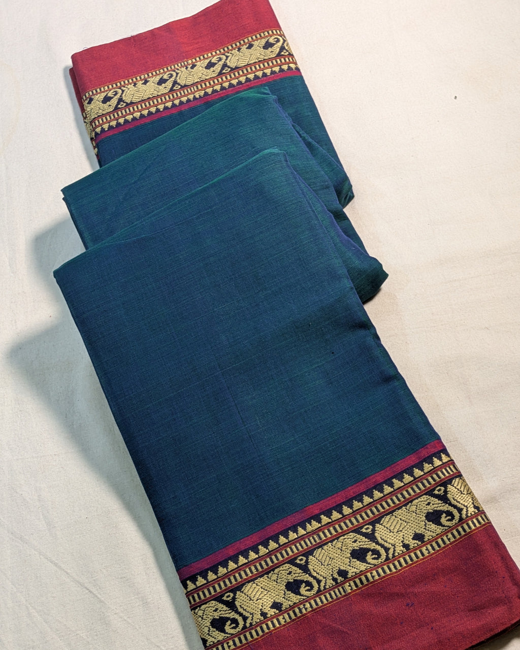 Cotton Sari with Muga Border Peacock Blue