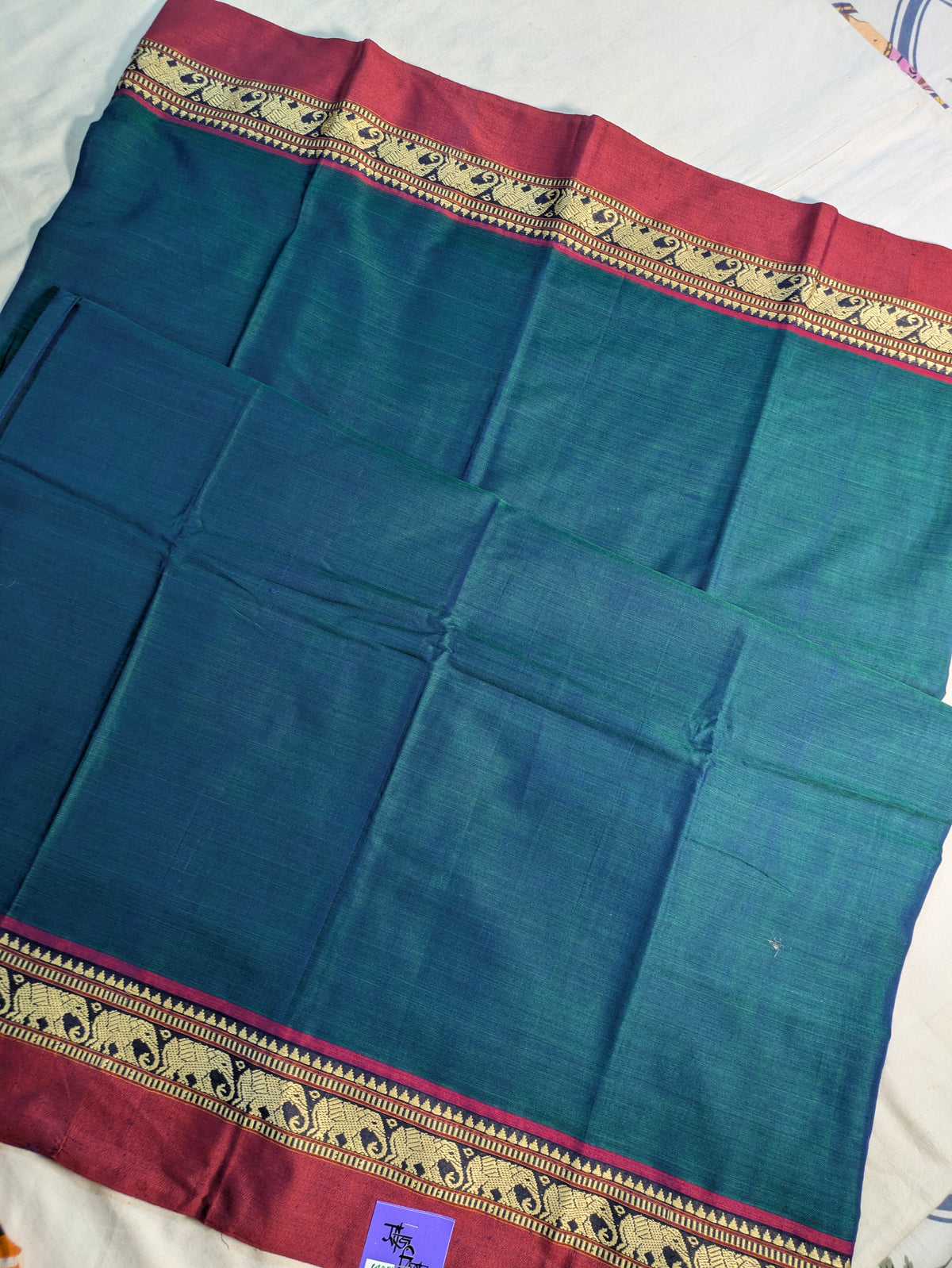 Cotton Sari with Muga Border Peacock Blue