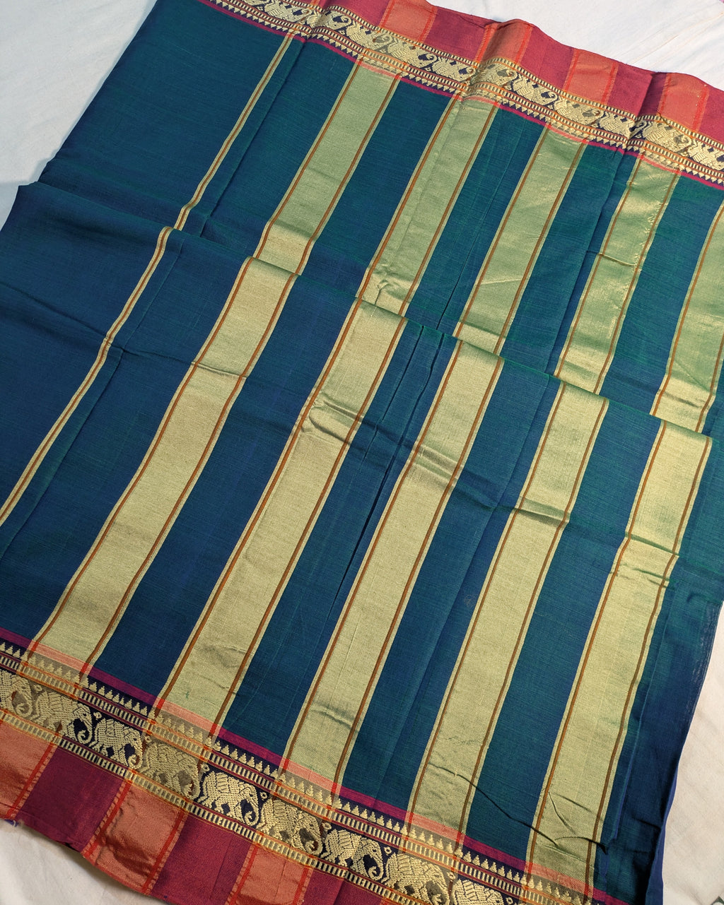 Cotton Sari with Muga Border Peacock Blue