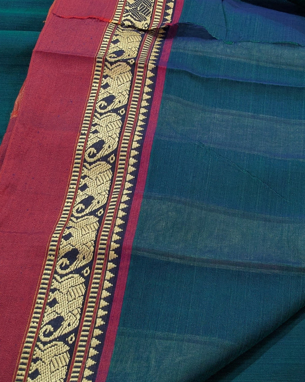 Cotton Sari with Muga Border Peacock Blue