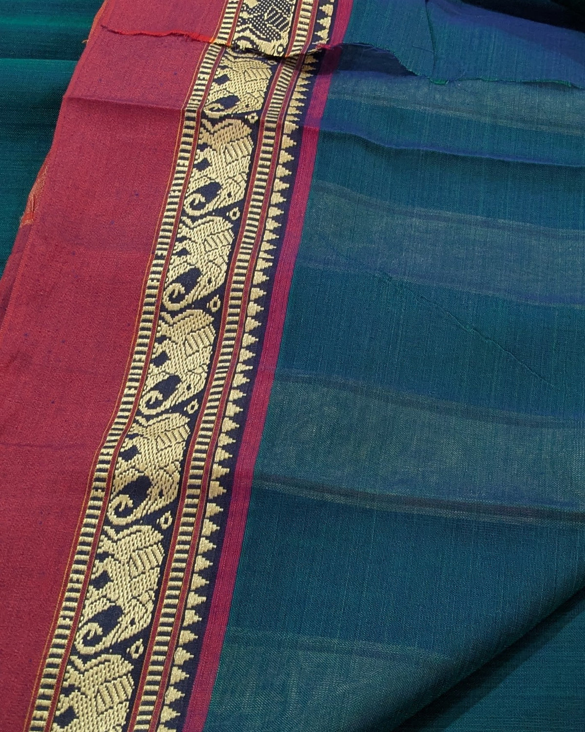 Cotton Sari with Muga Border Peacock Blue