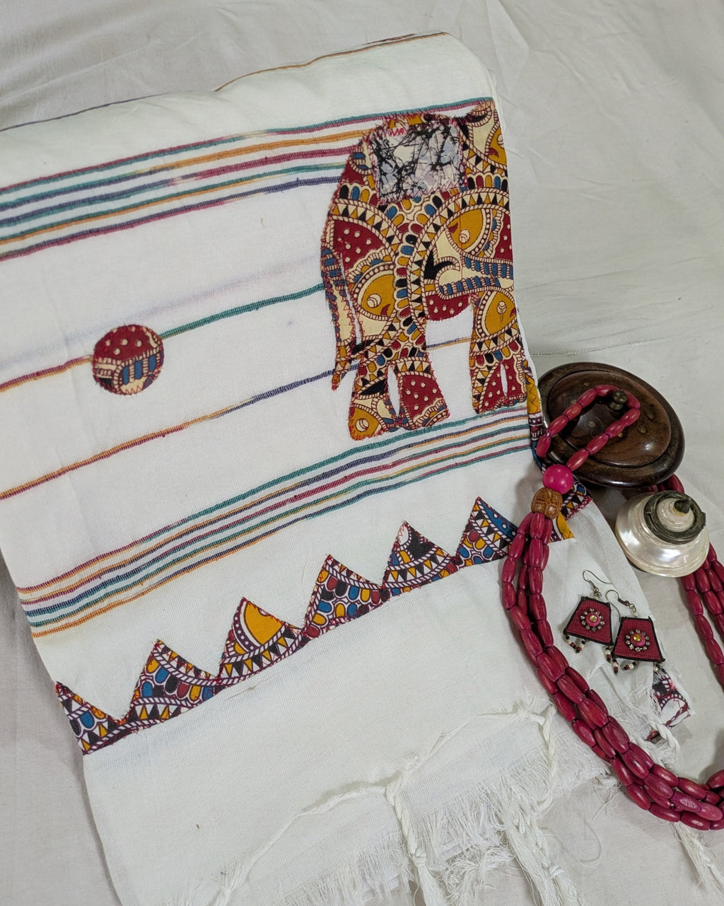 Cotton Khes Applique Sari White