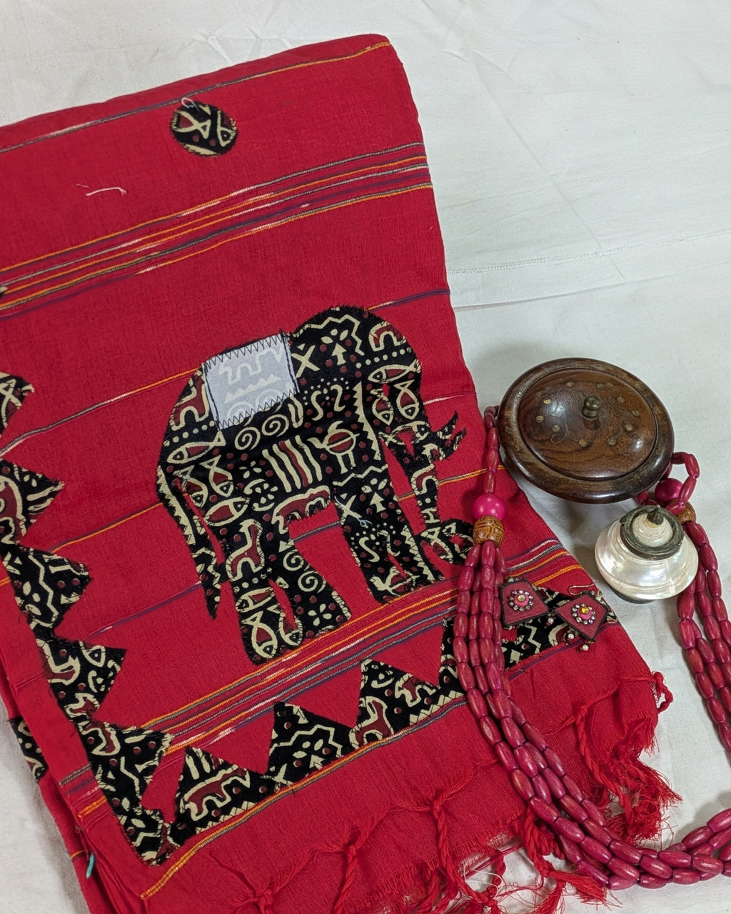 Cotton Khes Applique Sari Red