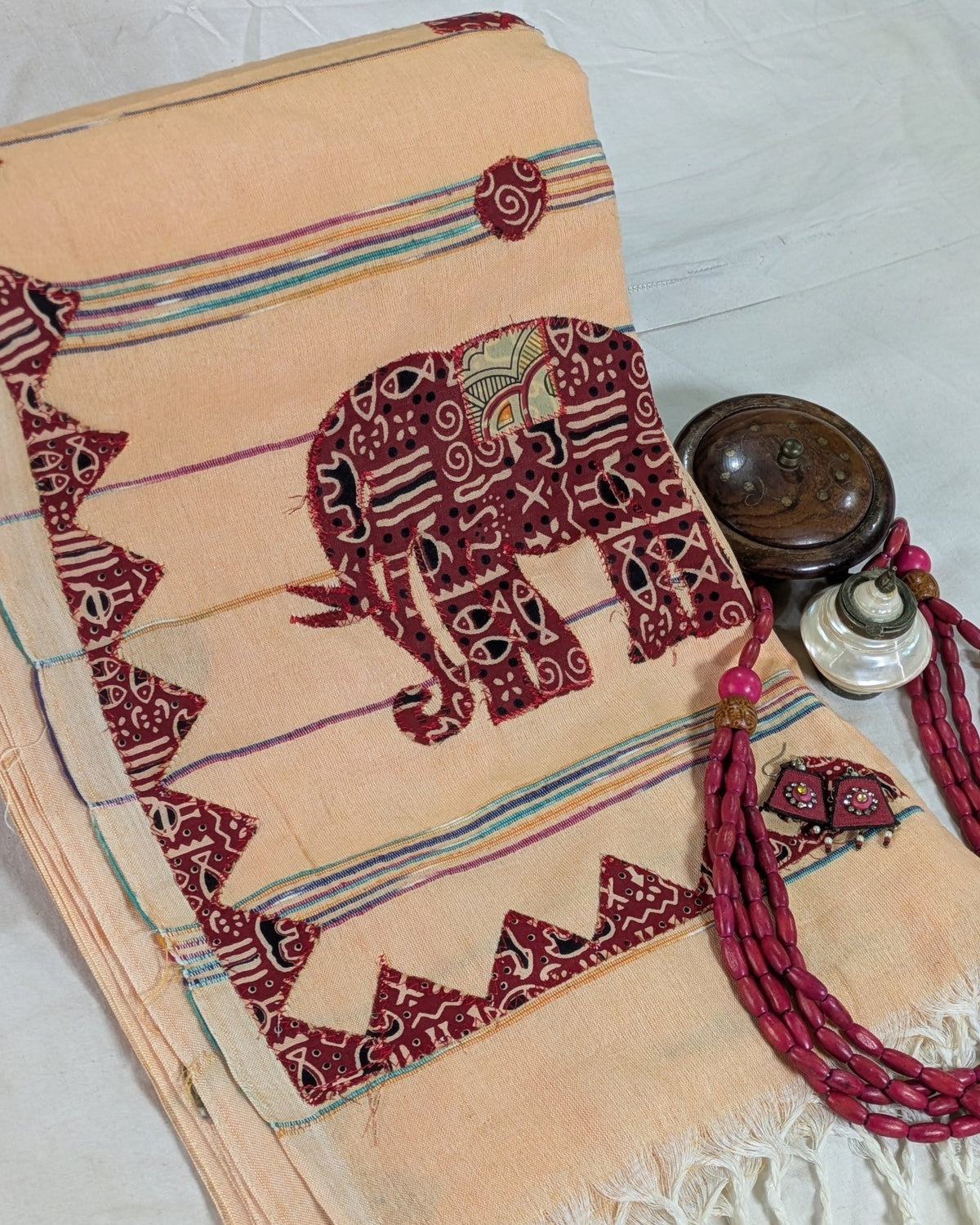 Cotton Khes Applique Sari Peach