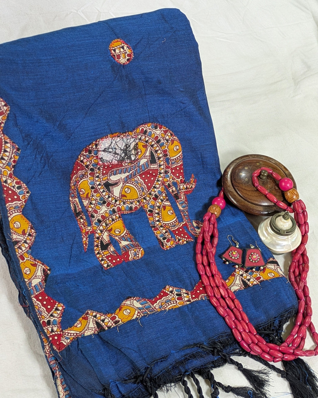 Cotton Khes Applique Sari Blue