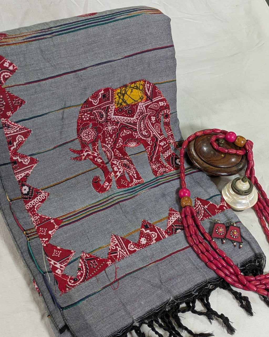 Cotton Khes Applique Sari Grey