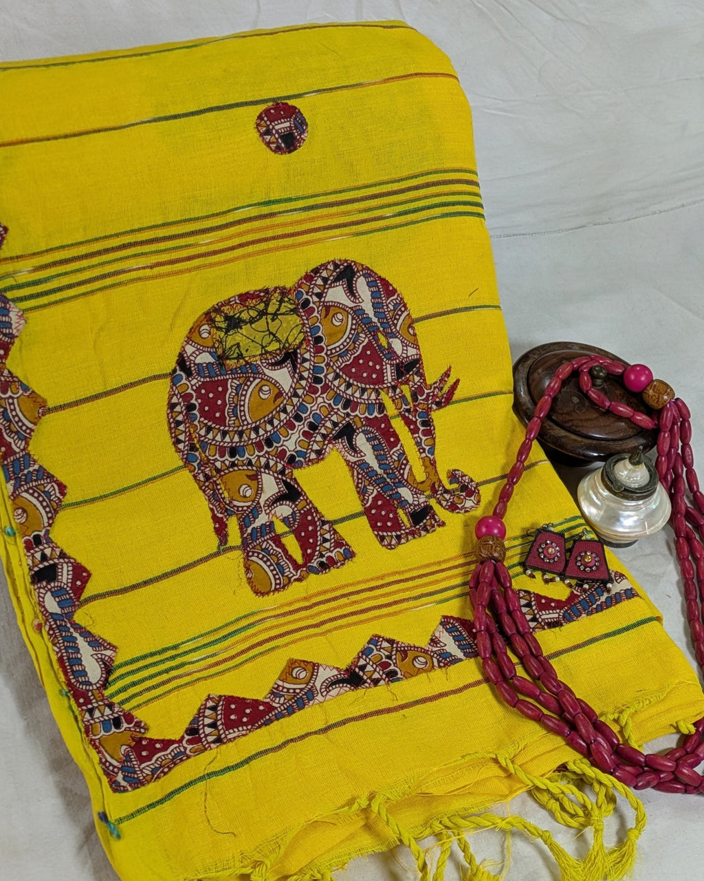 Cotton Khes Applique Sari Yellow