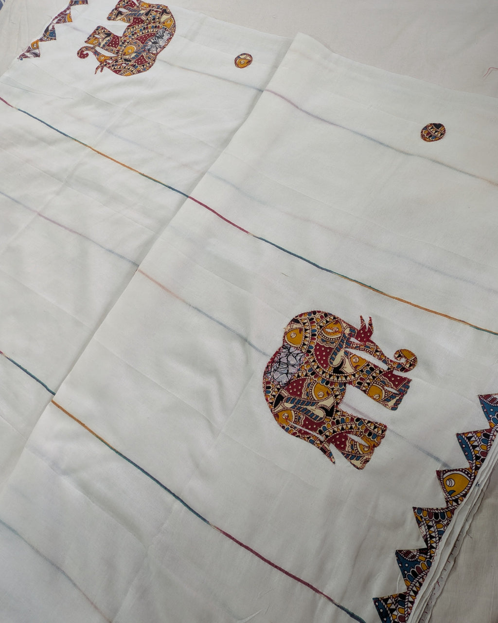 Cotton Khes Applique Sari White