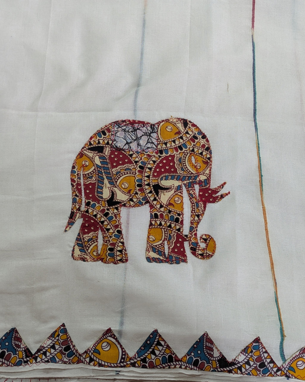 Cotton Khes Applique Sari White