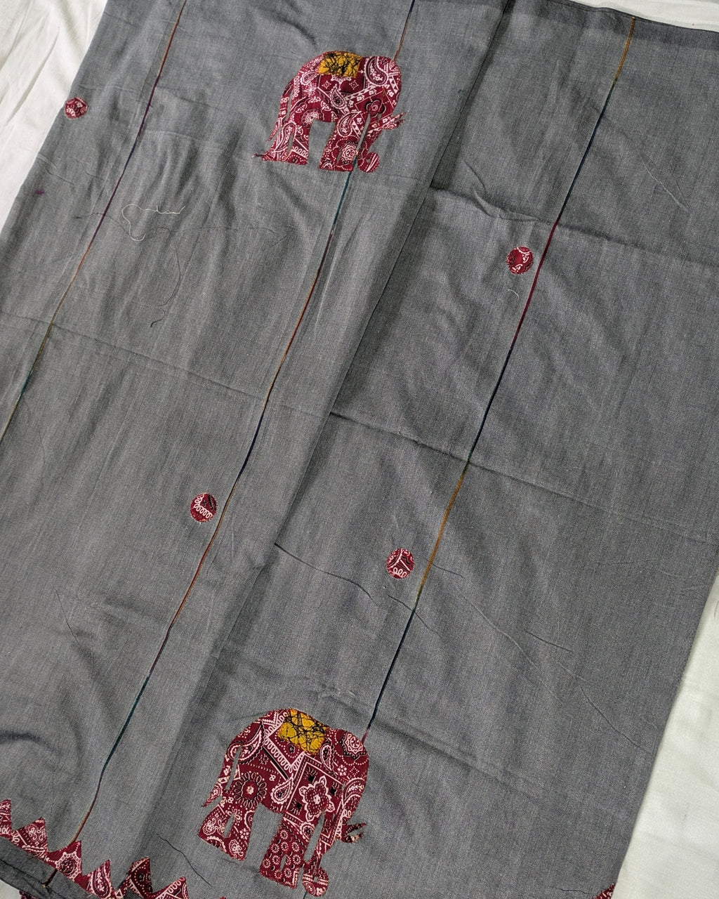 Cotton Khes Applique Sari Grey