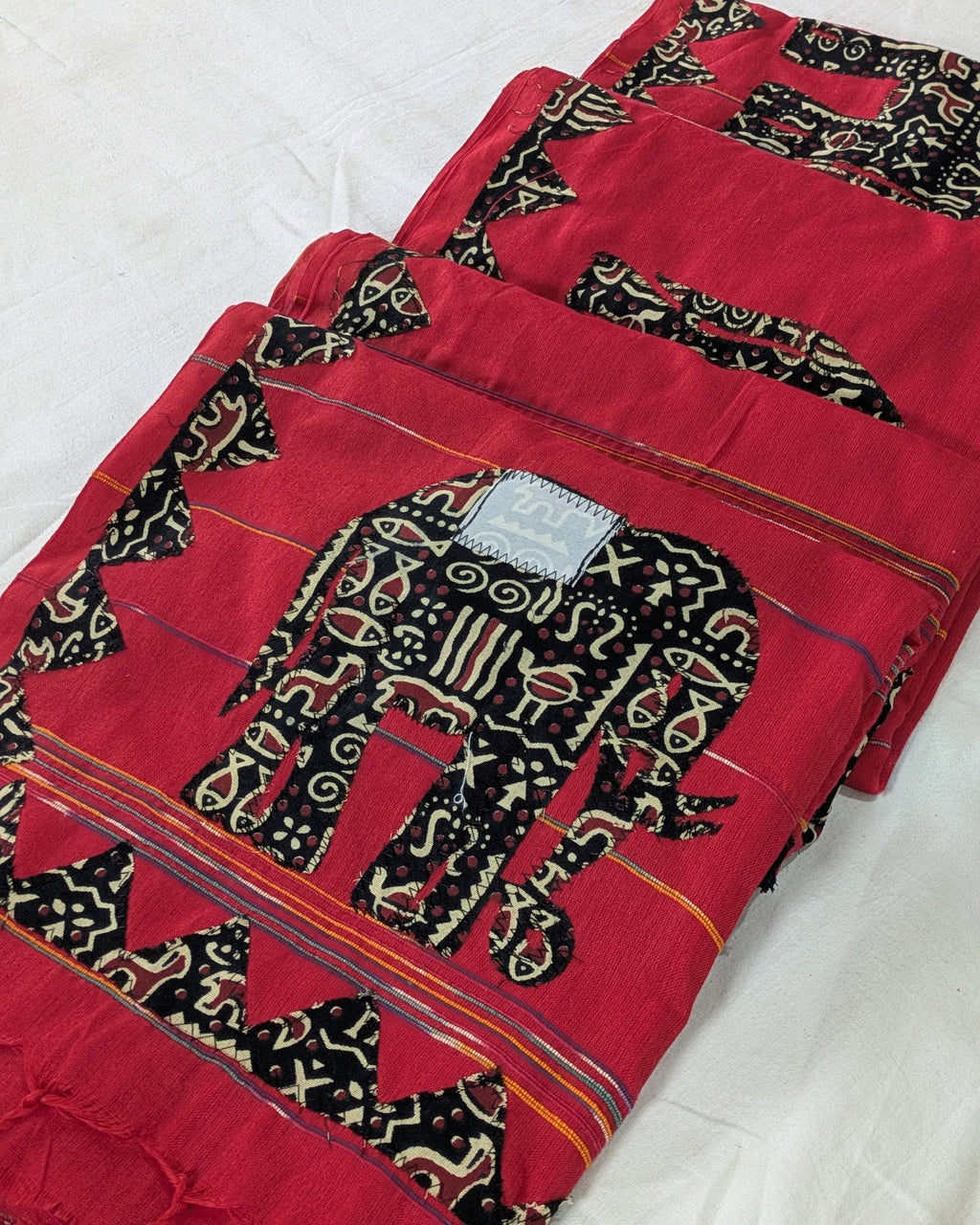 Cotton Khes Applique Sari Red