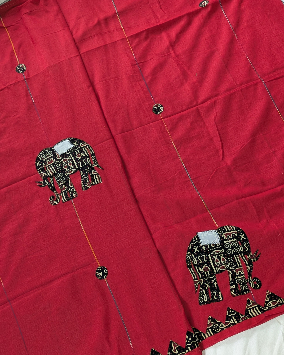 Cotton Khes Applique Sari Red