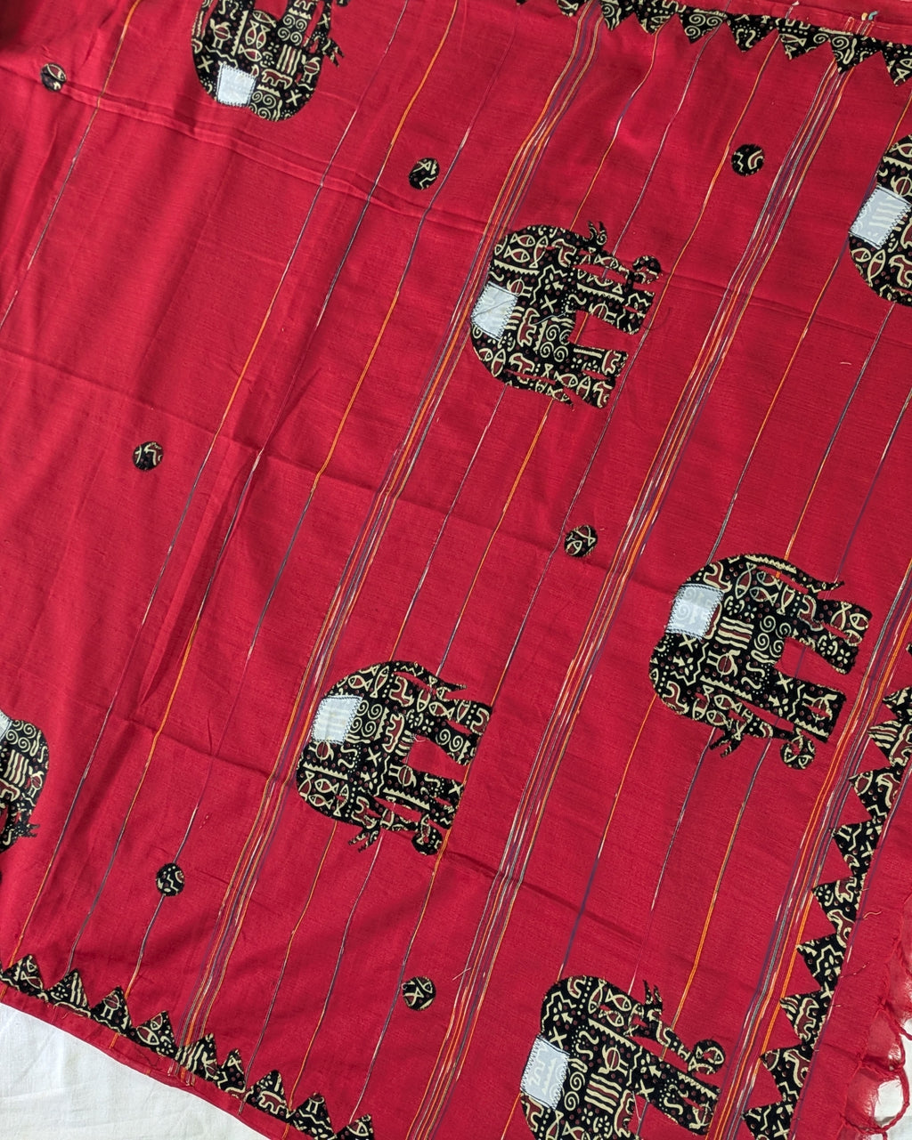 Cotton Khes Applique Sari Red