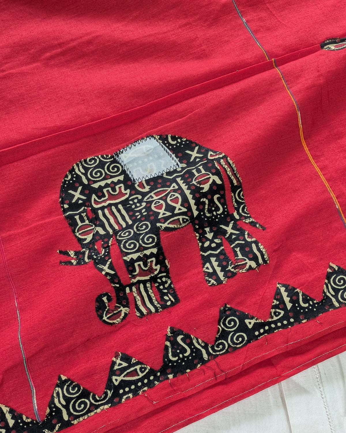 Cotton Khes Applique Sari Red