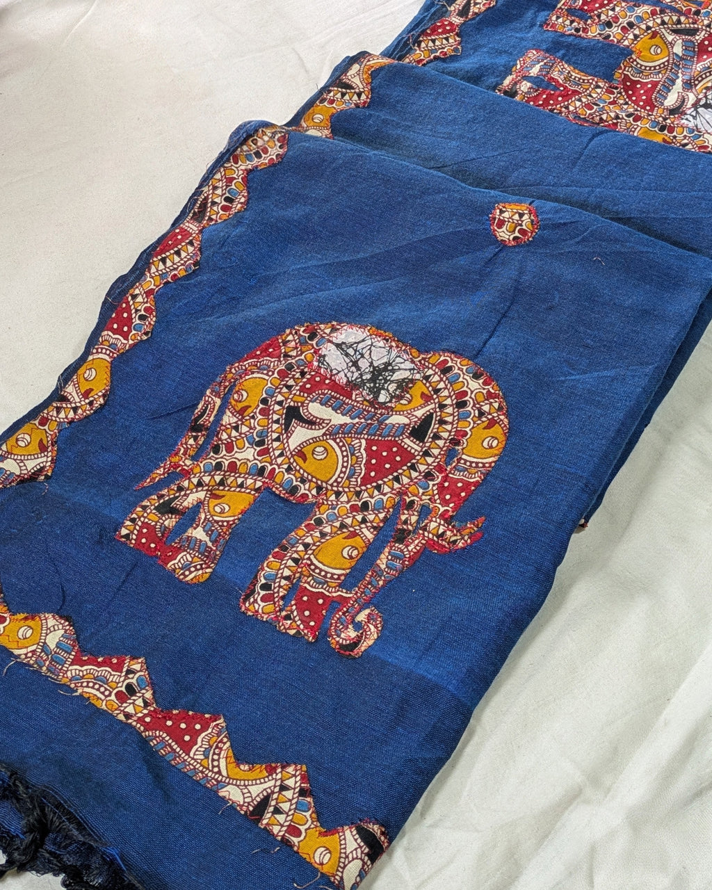 Cotton Khes Applique Sari Blue