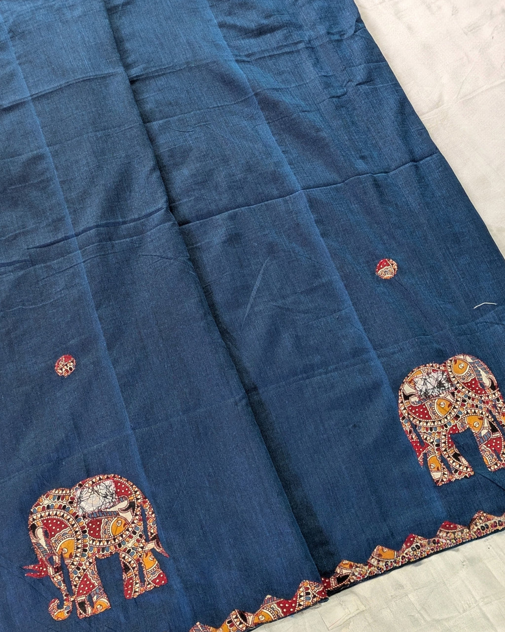 Cotton Khes Applique Sari Blue