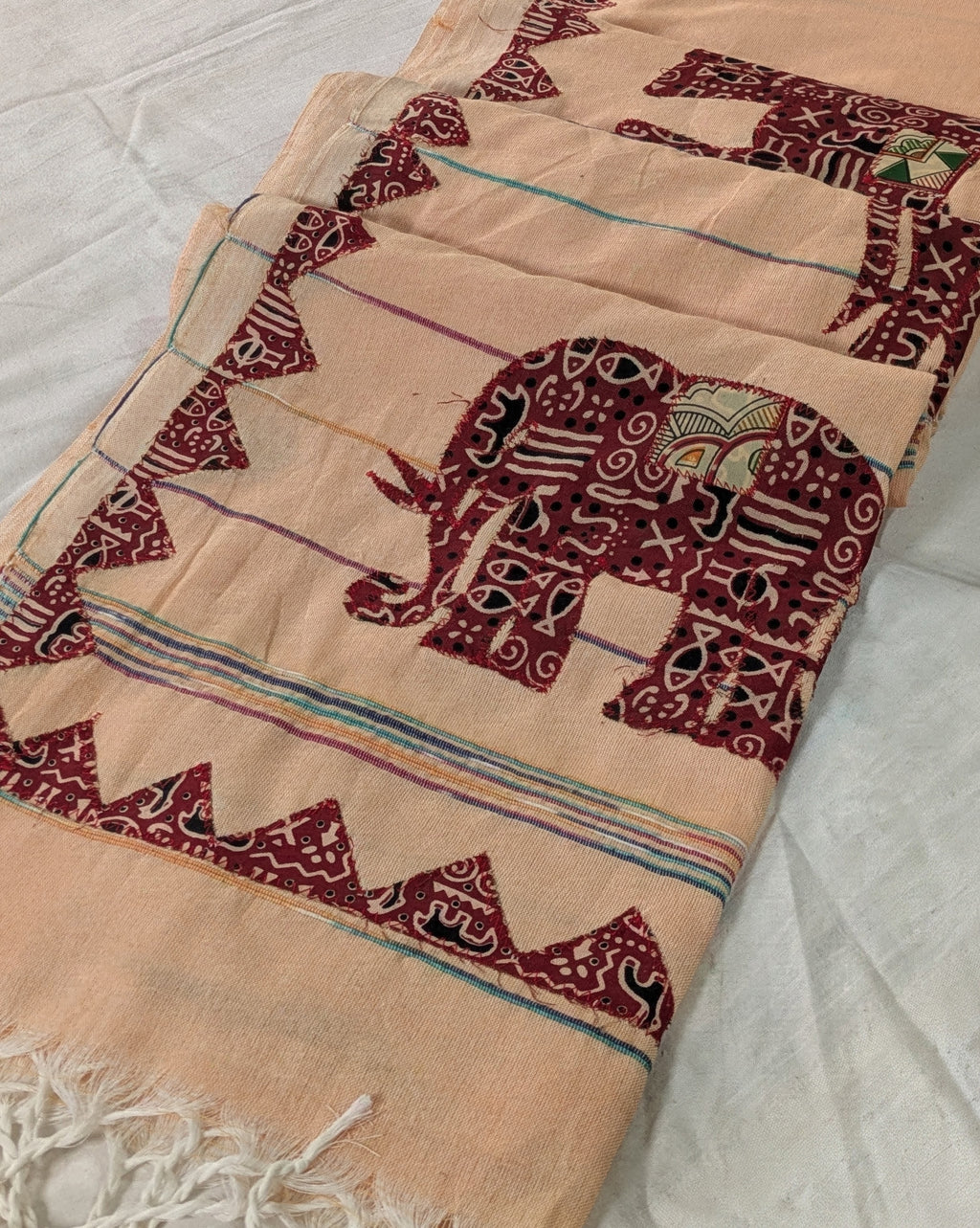 Cotton Khes Applique Sari Peach