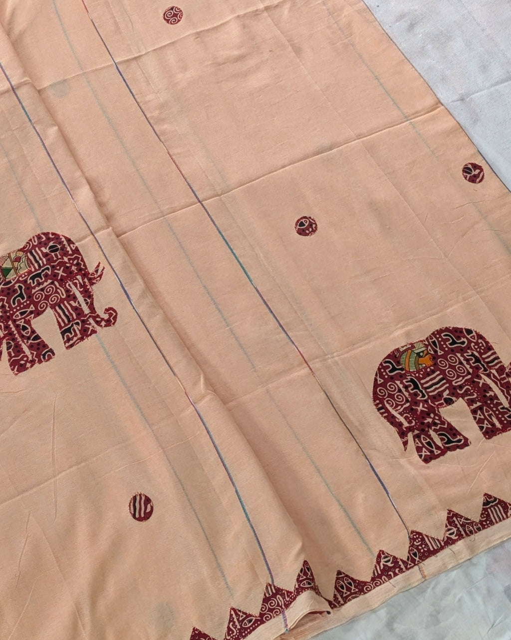 Cotton Khes Applique Sari Peach