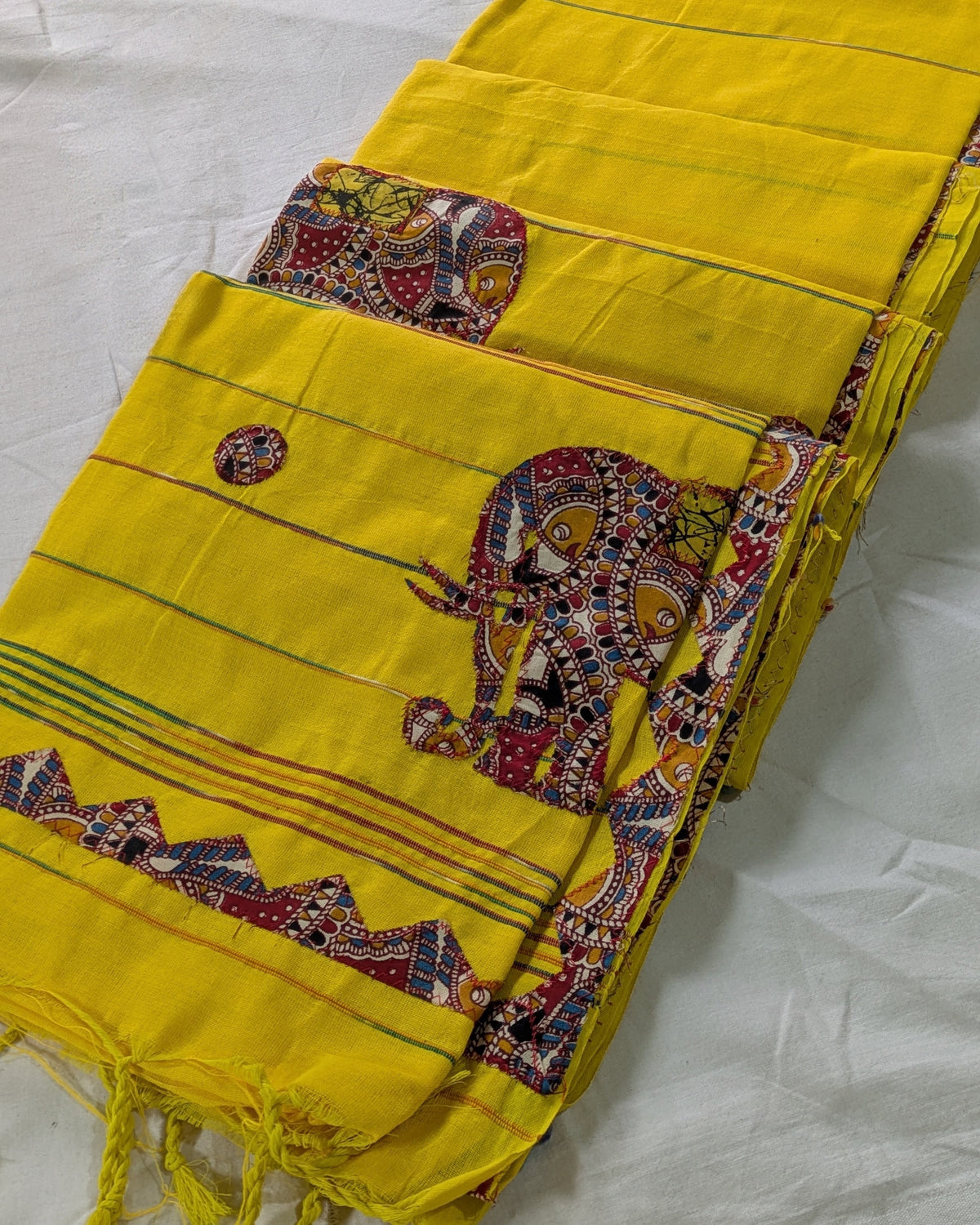 Cotton Khes Applique Sari Yellow
