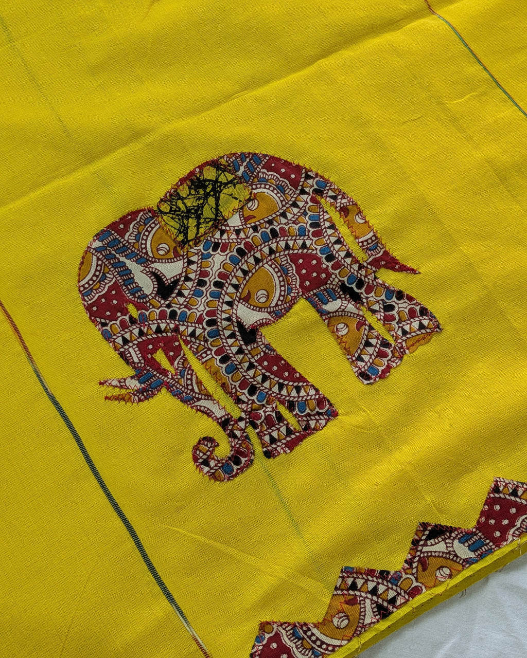 Cotton Khes Applique Sari Yellow