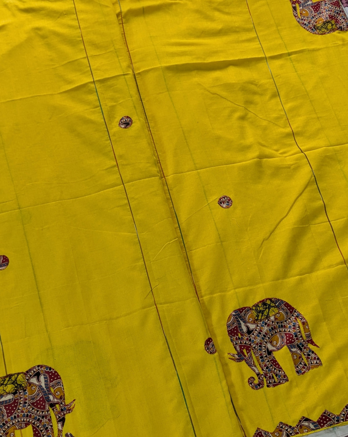 Cotton Khes Applique Sari Yellow
