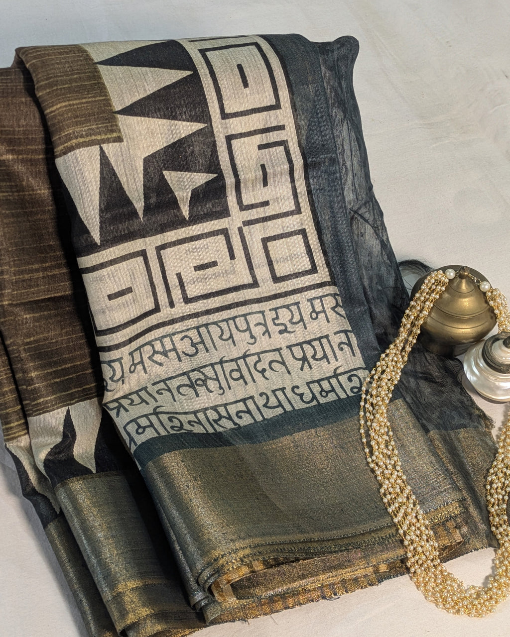 Bhagalpuri Sari with Temple Charcoal-Brown