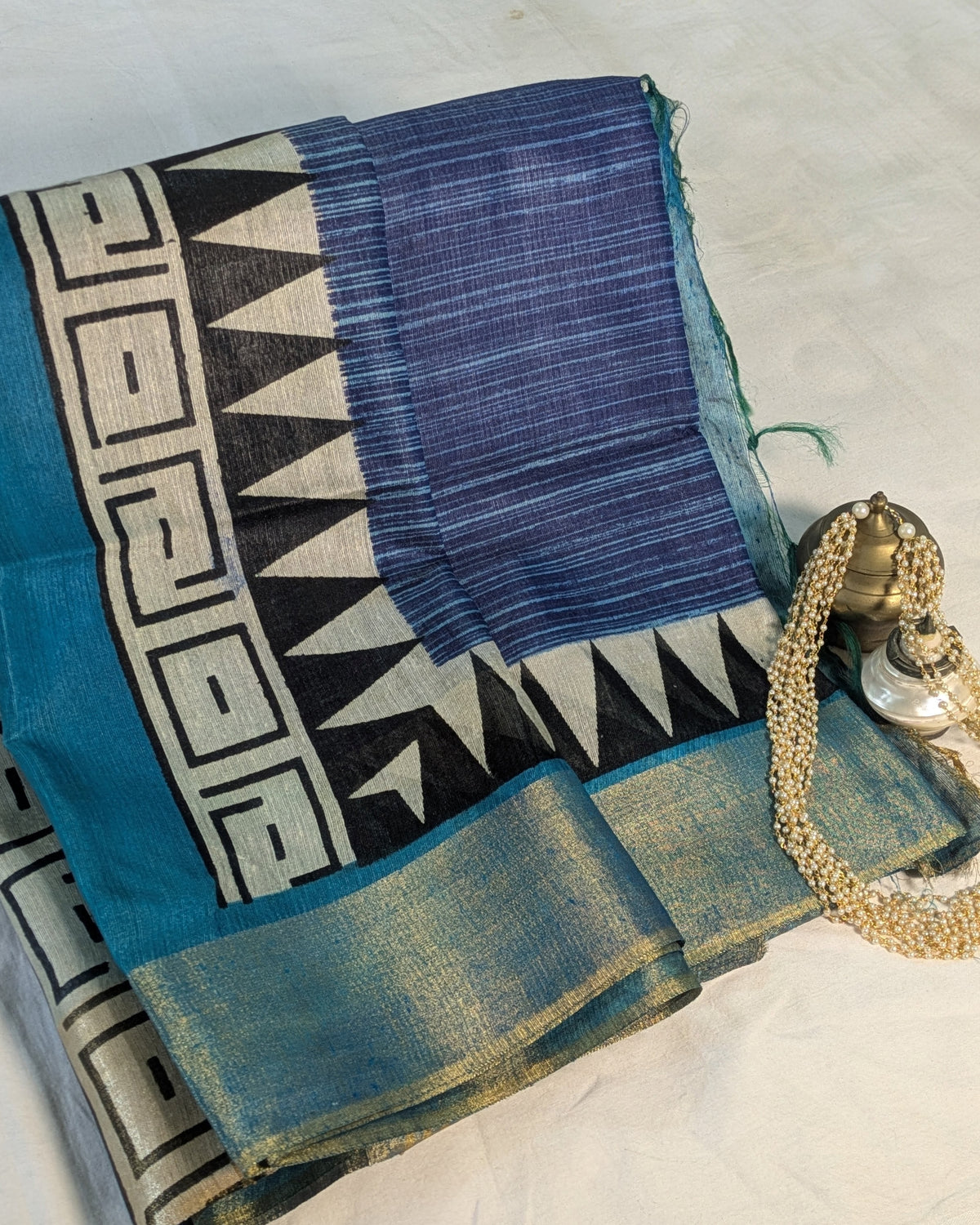 Bhagalpuri Sari with Temple Border Blue