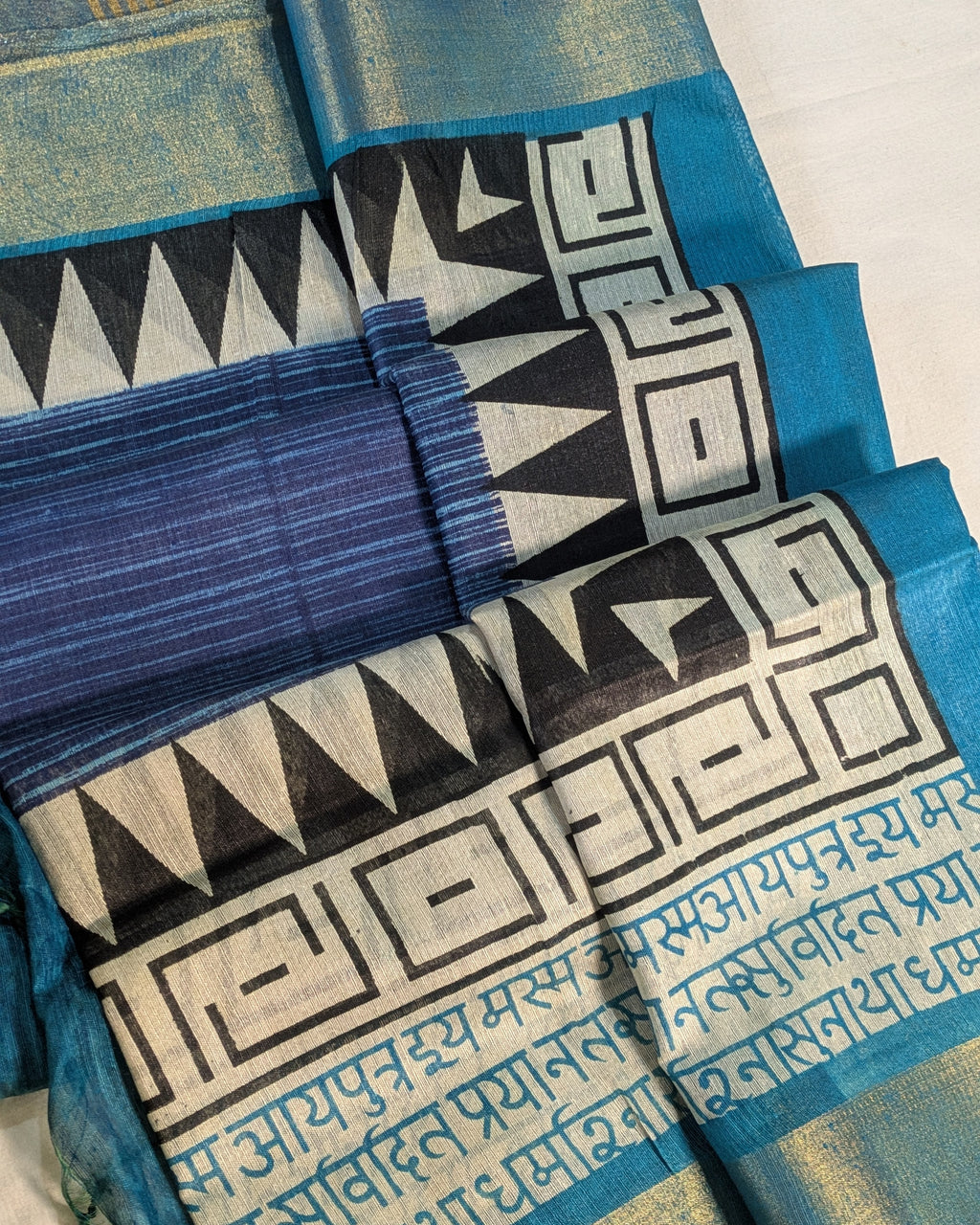 Bhagalpuri Sari with Temple Border Blue