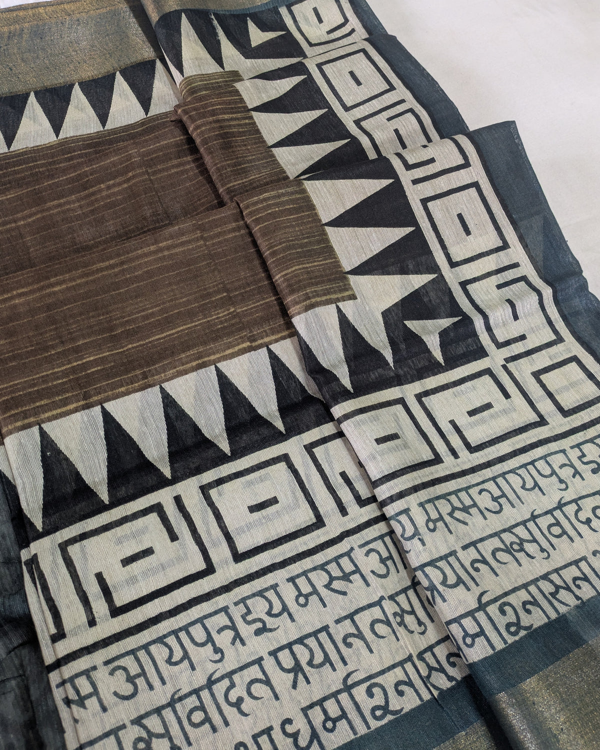 Bhagalpuri Sari with Temple Charcoal-Brown