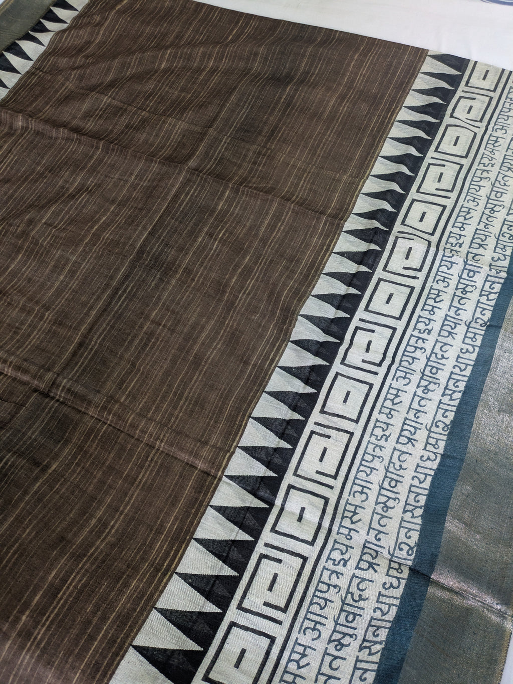 Bhagalpuri Sari with Temple Charcoal-Brown