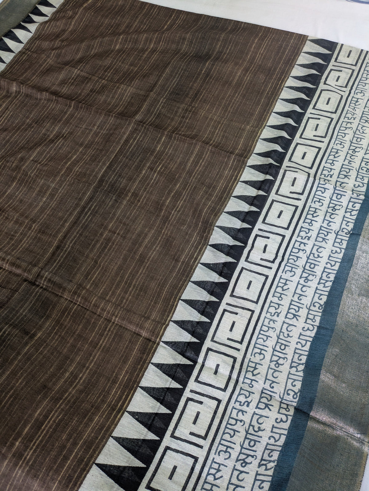 Bhagalpuri Sari with Temple Charcoal-Brown