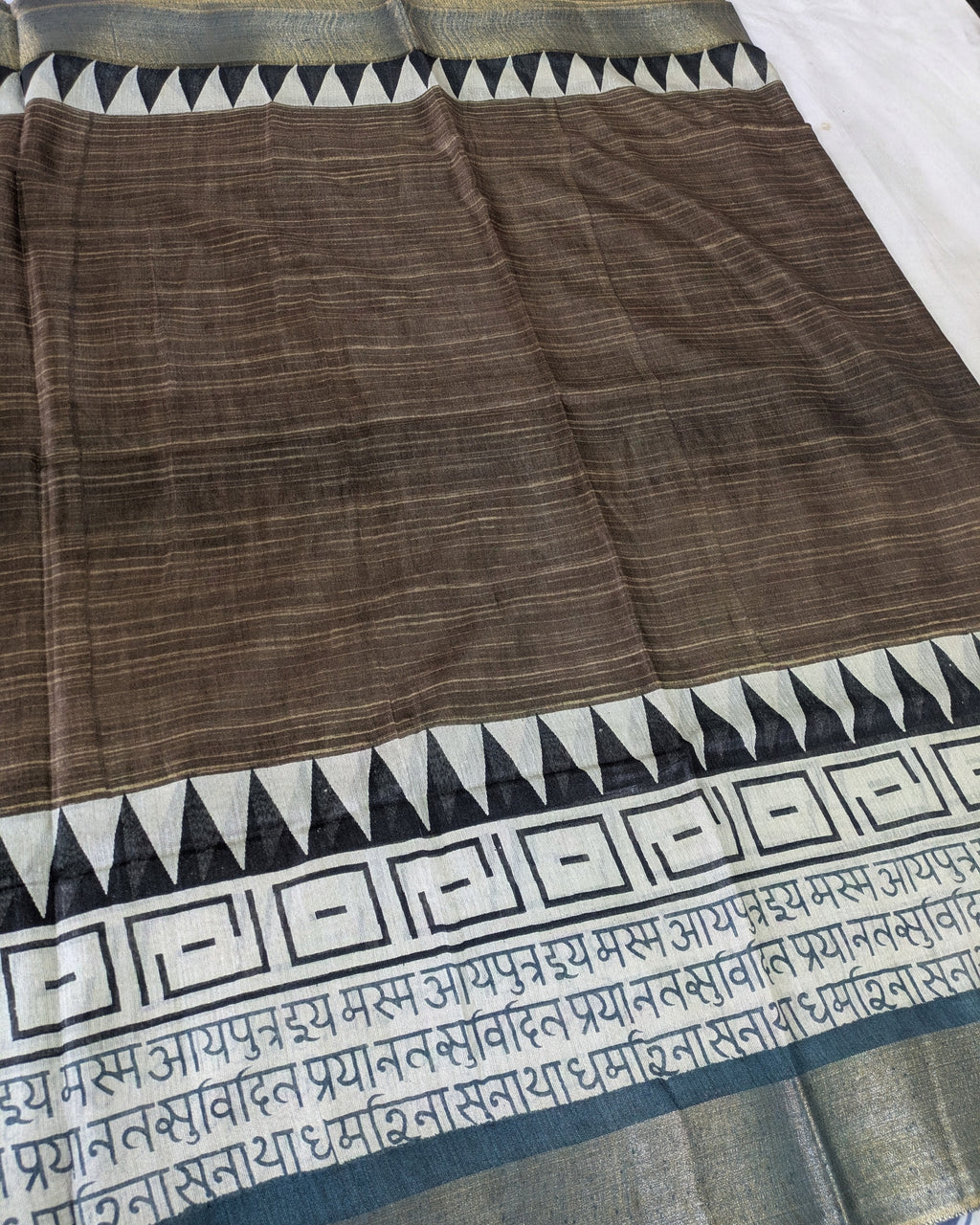Bhagalpuri Sari with Temple Charcoal-Brown