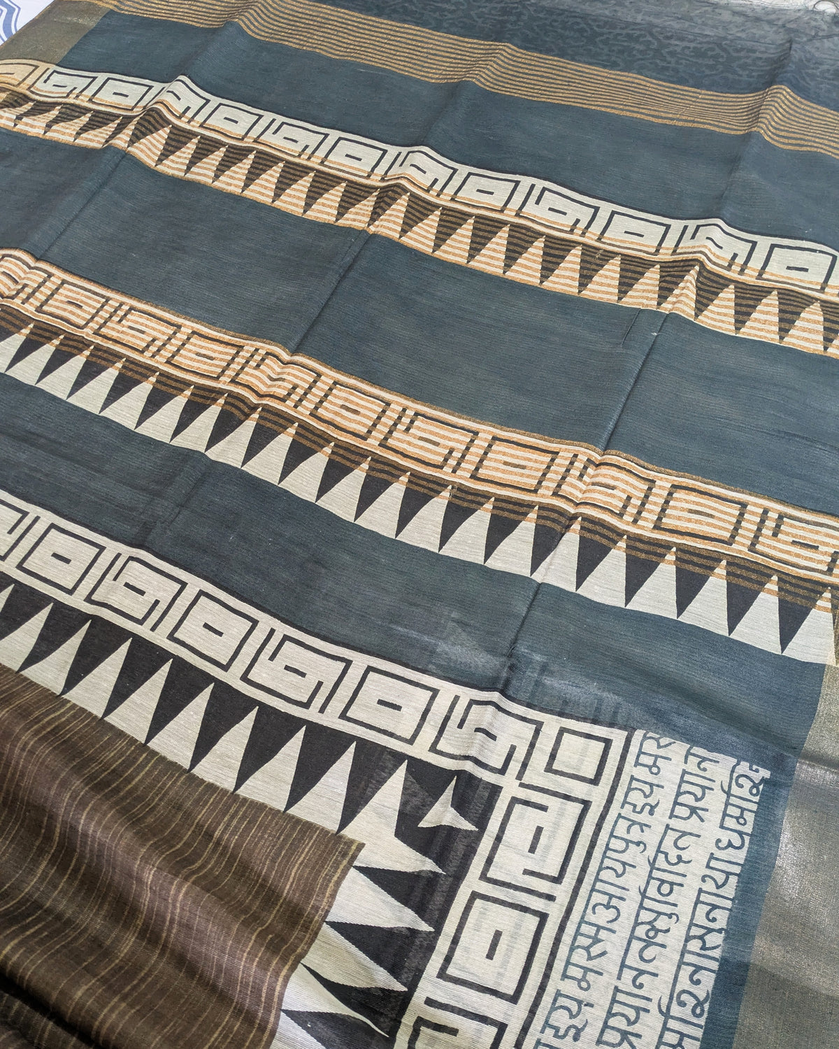 Bhagalpuri Sari with Temple Charcoal-Brown