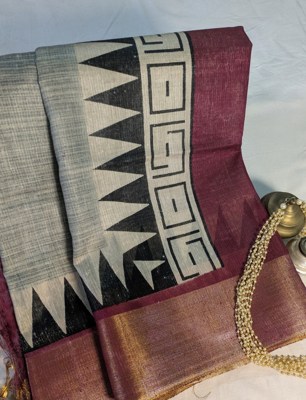 Bhagalpuri Sari with Temple Border Gray