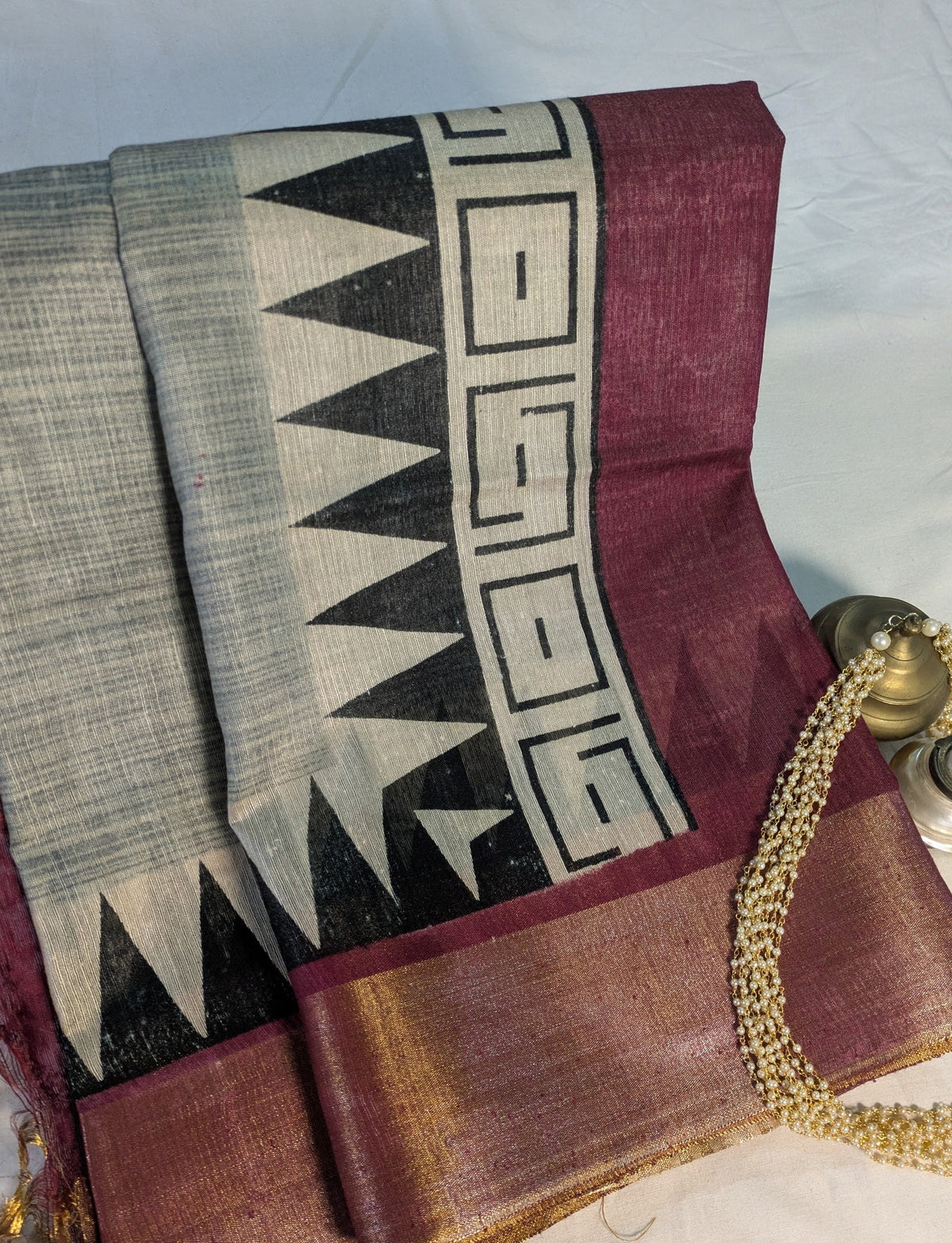 Bhagalpuri Sari with Temple Border Gray