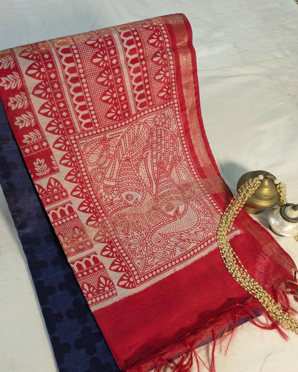 Bhagalpuri Sari with Block Print Border Blue
