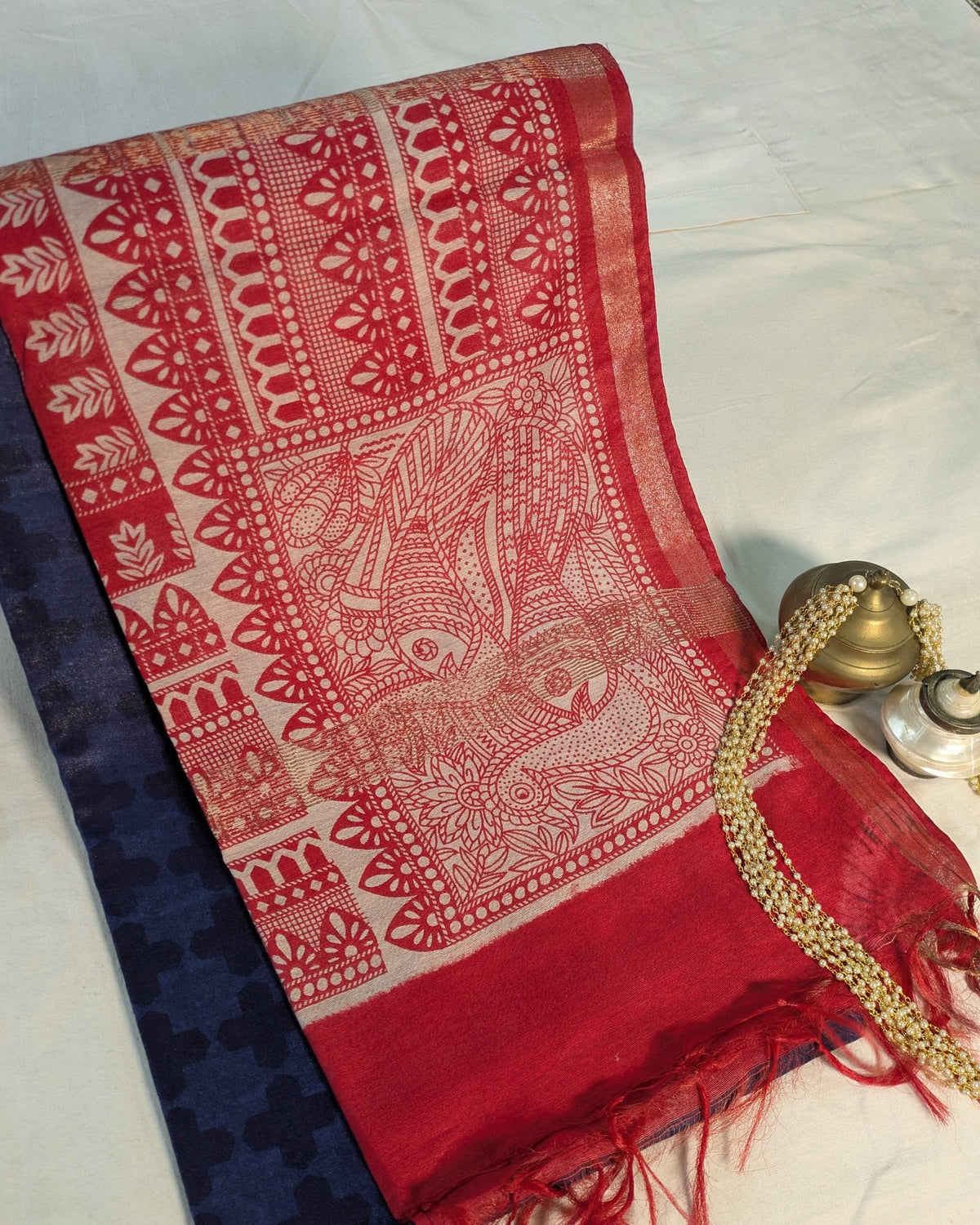 Bhagalpuri Sari with Block Print Border Blue