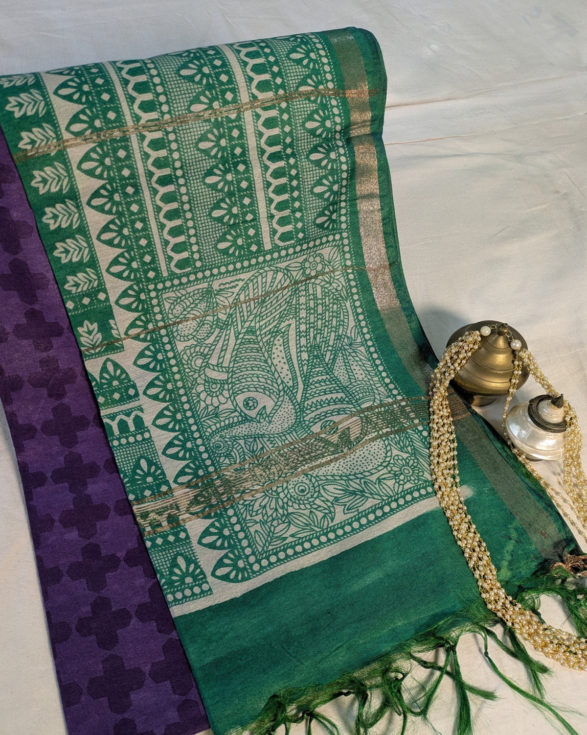 Bhagalpuri Sari with Block Print Border Purple