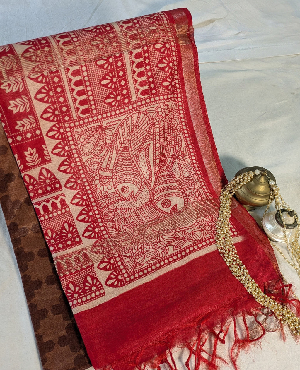 Bhagalpuri Sari with Block Print Border Rust Brown
