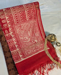 Bhagalpuri Sari with Block Print Border Rust Brown